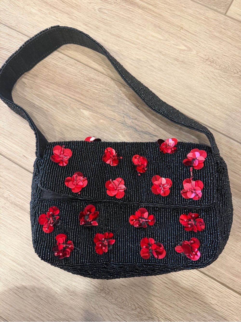 Black Beaded Shoulder Bag with Red Sequin Flower Accents